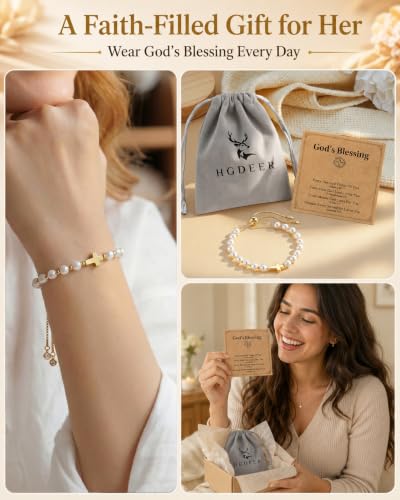 HGDEER God's Blessing Cross Bracelet for Women & Teens, Christian Gift | 14K Gold Plated, Natural Malachite & Turquoise Beads, Secure Adjustable Bolo Clasp, Hypoallergenic, Gift for Women & Teens - color: White