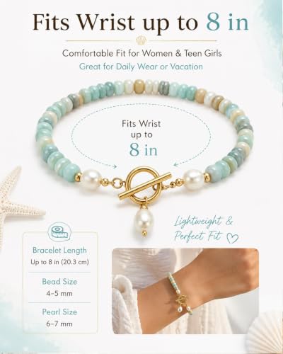 Elova Turquoise Bead Pearl Bracelet, Dainty Handmade Beaded Jewelry | Dainty, Colorful Stackable, Boho Summer Beach, Toggle Clasp, Gift for Women - color: 2pc#Silver