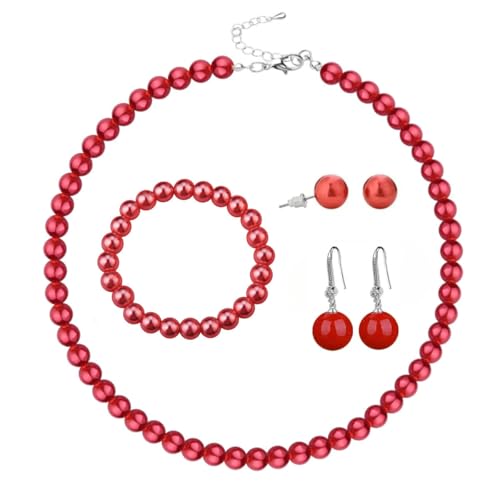 tenghong2021 Fashion Classic Faux Pearl Jewelry Set Necklace Bracelet Earrings for Women Best Gift - color: Red 4