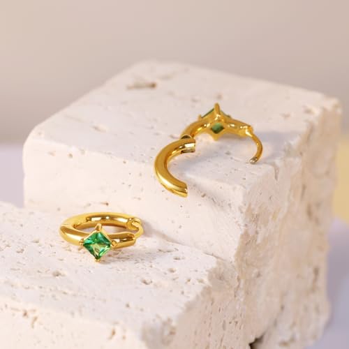 316L Surgical Steel Birthstone Hoop Earrings for Women | Lightweight, 5A Cubic Zirconia, Hypoallergenic, Lead & Nickel Free, 8mm Huggie Hoops - color: 18k gold-plated: 05. May (Emerald)