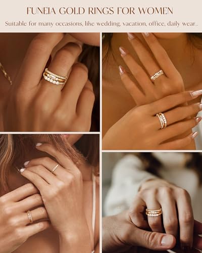 FUNEIA Stackable Silver Gold Rings for Women Non Tarnish 14K Gold Plated Thumb Cubic Zirconia Rings for Women Dainty Pinky Promise Wedding Ring Set Women's Engagement Eternity Band Rings Gold Jewelry - color: D-Gold Cubic Zirconia Rings