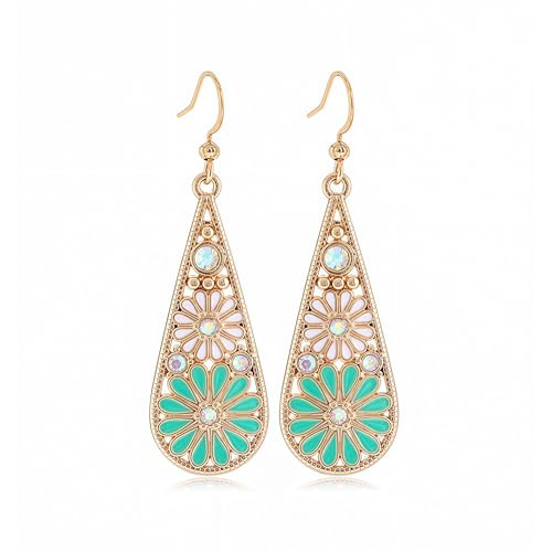 Colorful Green Teardrop Earrings for Women - Bohemian Style Enamel Dangle Earrings Lightweight Fashion Jewelry for Daily/Wedding/Party - color: Gold Tone