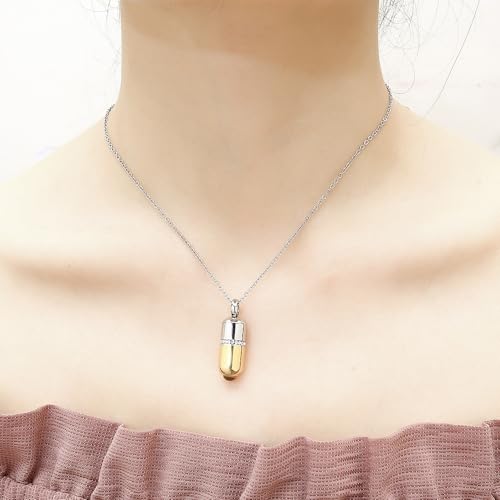 Stainless Steel Pill Cremation Urn Pendant Necklace Fashion Trendy Ash Urn Keepsake Jewelry Gift - color: Gold