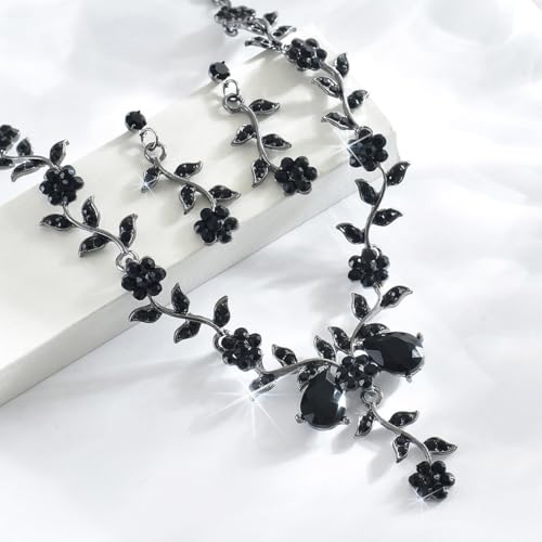 Kamirola Women's Wedding Jewelry Leaf Cluster Flower Crystal Dangle Earrings Pendant Necklace Set for BridalCrystal Bridal Jewelry Set - color: Black