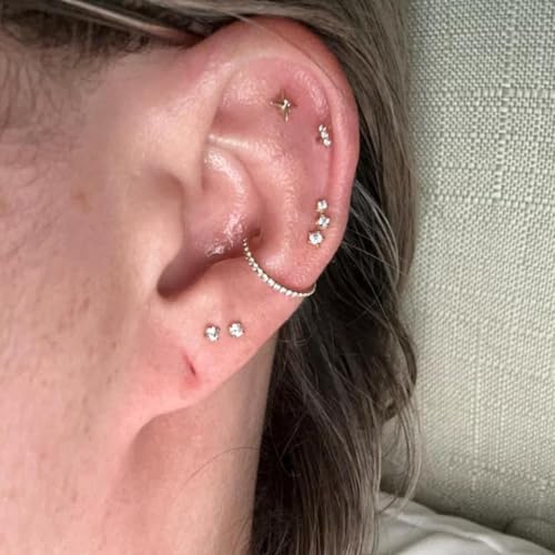20G/18G/16G Flat Back Earrings Tiny Nose Stud, Cartilage Earring Threadless Tragus Helix Stud Conch Piercing Jewelry - color: CZ Climber(gold 3pcs), size: 16 gauge (1.2mm post)