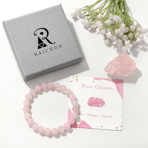 Raicegs 4 6 8MM Beaded Bracelets Healing Crystal Bracelet for Women Men Natural Stone Handmade Stretch Bracelet Reiki Spiritual Jewelry - color: Rose Quartz, size: 8mm