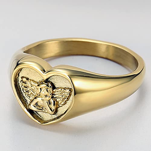 Jude Jewelers Stainless Steel Heart Shaped Signet Style Angel Pattern Statement Promise Wedding Ring - color: Gold