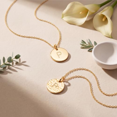 Bemoly Initial Necklace for Women Round 11MM Coin Disc Double Side Engraved Letter A-Z Hammered Pendant 14K Gold Plated Personalized Alphabet Birthday Jewelry 17.5" - style: P