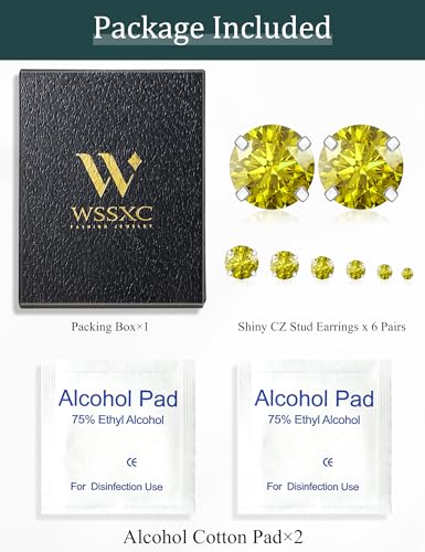 6 Pairs Stud Earrings Set, Hypoallergenic Cubic Zirconia 316L Earrings Stainless Steel CZ Earrings 3-8mm (Steel color) - color: A-004-Yellow