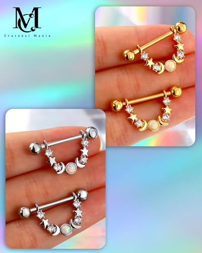 CM Crareesi Mania Opal Nipple Rings 316L Stainless Steel Nipple Shield Ring for Women 14G Moon Phase Nipple Piercing Jewelry - color: Gold-Star and Moon