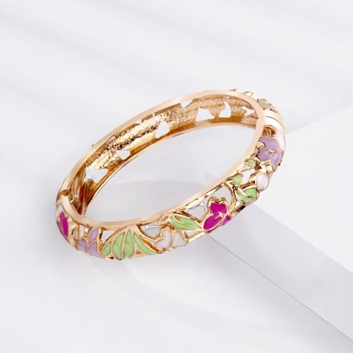 UJOY Cloisonne Bracelet Lotus Flower Plated Cuff Bangle Enameled Jewelry Bracelets Gift for Women Pack in Case 88B16 - color: 2 Pcs Set-White and Green