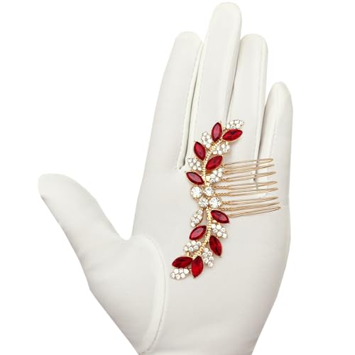 Bridal Crystal Hair Comb Small Wedding Alloy Rhinestone Party Prom Hair Piece Accessories Elegant for Women Girls (Red + Gold) - color: Red + Gold