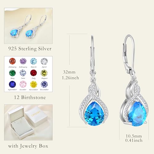 925 Sterling Silver Infinity Teardrop Earrings for Women | Lwsary Dangle Drop Leverback Earrings, Pear Shaped Birthstone Jewelry for Her - color: Blue
