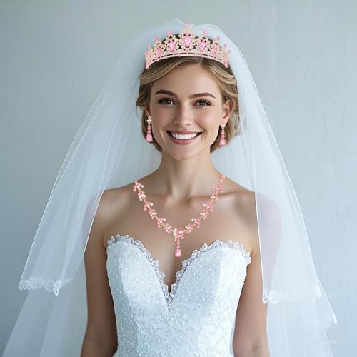Crystal Crown and Tiara Jewelry Set for Women Bride with Necklace Earrings | Metal Rhinestone Royal Queen Princess Jewelry Set Wedding Quinceanera Pageant Prom Birthday Halloween Party Costume Gift - color: Pink