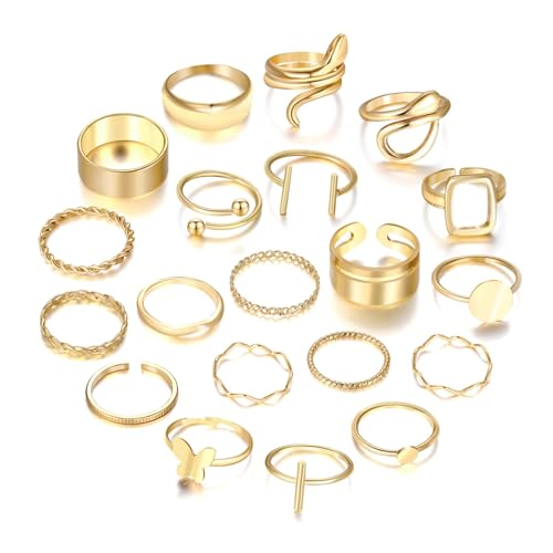 Gold Plated Knuckle Rings Set For Women,Vintage Stackable Joint Finger Midi Rings Dainty Simple Twist Hollow Rings Pack,Aesthetic Adjustable Y2K Punk Stacking Rings Jewelry Accessories - style: 20Pcs B-Gold