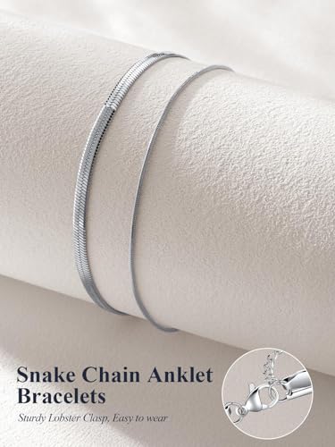 U7 Silver/Gold/Black Ankle Bracelets for Women Layered Chain Anklets | Stainless Steel Anklets Waterproof Summer Beach Anklet Charm, Adjustable 8.5"-10.5",Layered Anklet Fashion - color: Silver - Flat Snake Chain+Snake Chain