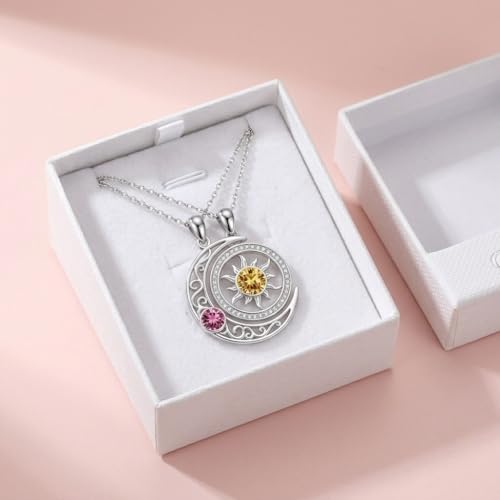 Couples Necklace for 2 Sun and Moon Pendant Matching Jewelry Anniversary Birthday Gifts for Couples BFF - color: April&February