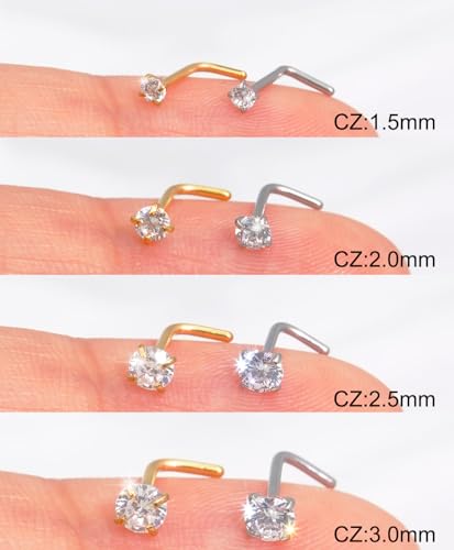 8PCS 18G 20G 22G Nose Studs, Hypoallergenic L Shaped Nose Rings Set | Gold/silver styles, 316L Surgical Stainless Steel, CZ sizes 1.5-3mm, secure fit for sensitive skin and daily wear - color: 20G L-Shaped Gold/Silver