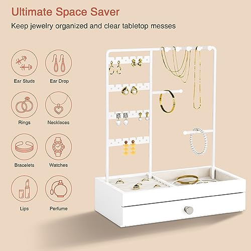 Goozii White Jewelry Organizer Stand Stud Earring Holder, Necklace Display Stand with Drawer, Jewelry Tower Tree for Bracelets Rings, Birthday Valentines Day Gifts for Her Teen Girls Women Wife - color: White