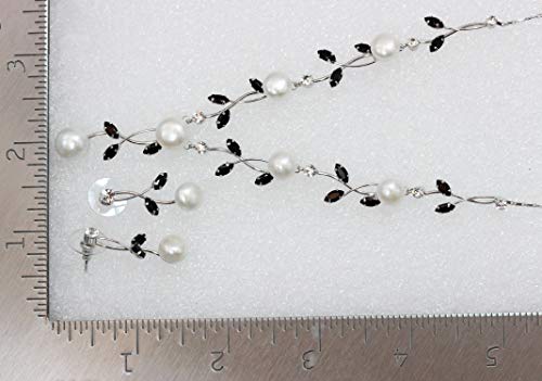 Faship Genuine Freshwater Pearls Floral Necklace Earrings Set | Premium CZ Crystal, Gorgeous, Sparkling - color: Black