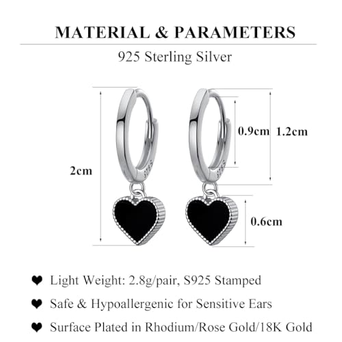 SLUYNZ Solid 925 Sterling Silver Black Heart Hoop Earrings for Women Teens Love Heart Hoop Earrings Huggie - color: A-Sterling Silver