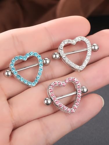 Oveta Heart Nipple Rings Surgical Steel 14G, Cute Internally Threaded Nipple Piercing Jewelry Barbells 14mm for Women, Silver/Gold, 2PCS - color: Clear CZ, Silver