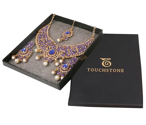 Touchstone Indian jewelry sets for women tikka wedding necklace costume guest statement bollywood rhinestones crystal faux pearls gold big royal neck piece set bridal fashion accessories - color: Blue