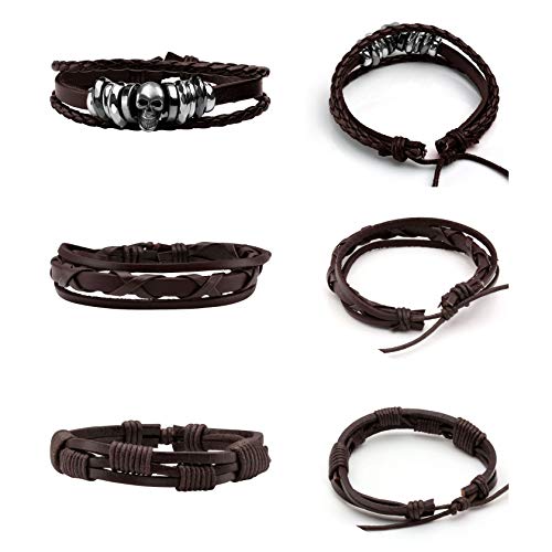 MILAKOO 6Pcs Punk Leather Bracelets for Women Men Braided PU Wristband Skull Skeleton Accessories - color: C: Brown