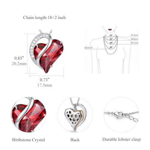 Crystal Heart Necklace for Women - Quietrose Faceted Crystal Heart Pendant with Sparkle Accents, Silver-Tone Curved Frame, 0.85" x 0.73", 18+2" Adjustable Chain, Elegant Gift for Her - color: True Red - Passion's Kiss