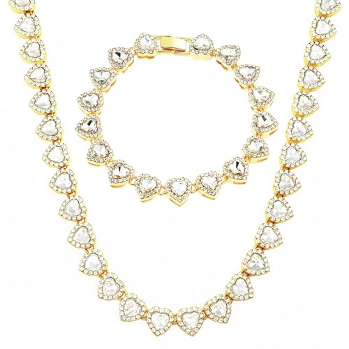 fasone Rhinestone Hearts Necklace, Iced Out Hearts Jewelry,Silver Tennis Necklace For Women,Tennis Necklaces For Women, Heart Tennis Necklace - color: Gold_17.7inch/8inch