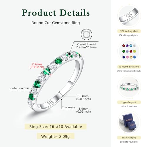 Birthstone Rings Eternity Band 925 Sterling Silver/Yellow Gold-Plated Created Gemstone Stackable Wedding Band 2.7mm Thin Half Eternity Rings for Women Size 6 to 10 - color: 05-Emerald-May