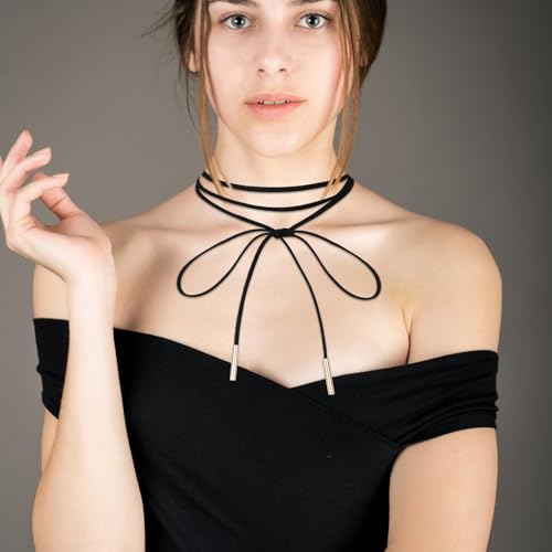Black Choker Necklace Gothic Bow knot Choker for Women Velvet Long Wrap Rope Collar Tie Neck Chain with Gold Tube Ribbon Suede Jewelry for Party Prom