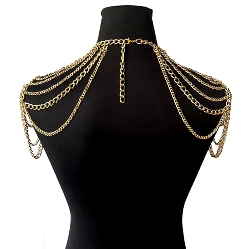 Punk Metal Shoulder Chain Necklace Jewelry Sexy Crystal Tassel Arm Chain Bridal Wedding Multi-layered Shoulder Body Chain Bikini Back Chain Jewelry for Women