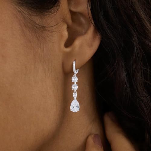 Dangle Earrings for Women Trendy, 14K Gold Plated CZ Huggie Drop Earrings, Dainty Long Chain Prom Wedding Jewelry Gift for Her - style: Teardrop CZ Silver