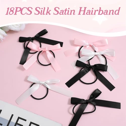 18PCS Silky Satin Hair Bows Ties for Girls, Bowknot Ribbon Ponytail Holders, Ribbon Hair Bows for Women Girls, Elastics Hairscrunchies for Thick Thin, Elastic Hairbands(White/Black/Pink)