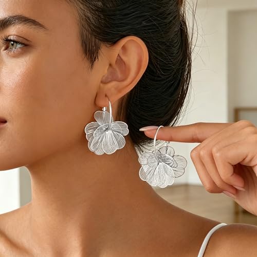 Gold Silver Flower Hoop Earrings for Women 14K Gold Plated Large Layered Flower Dangle Drop Earrings Wedding Party Holiday Birthday Gifts Lightweight Trendy Bohemian Jewelry Gift for Her - color: Silver