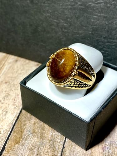 Men’s Gold Tiger Eye Ring – 14K Finish Stainless Steel Oval Gem Punk Biker Pinky Band, Vintage Retro Heavy Signet Jewelry