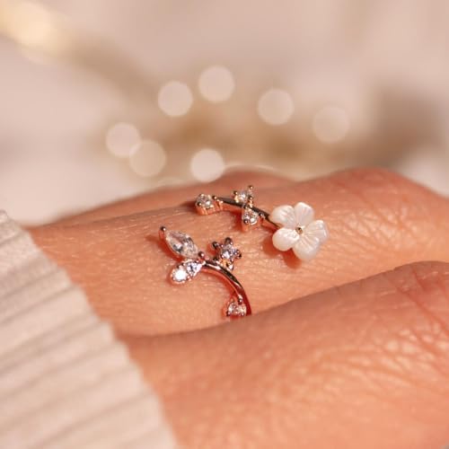 Adjustable Open Ring for Women, Nature-Inspired Floral Crystal Design with Marquise Cut Created Zircon, Gold - color: rose gold