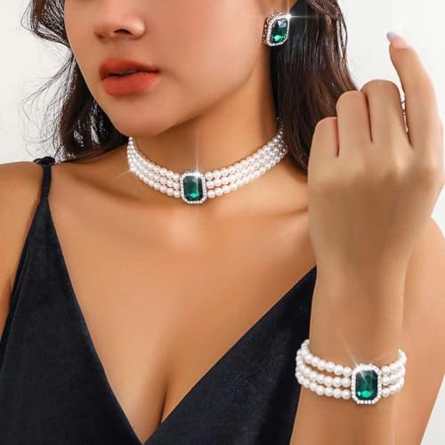 Brishow Pearl Necklace Jewelry Set Wedding Pearls Earrings Necklaces Set Bridal Crystal Bracelet Jewelry for Women (Pack of 3) - color: Green, size: 3 Layered