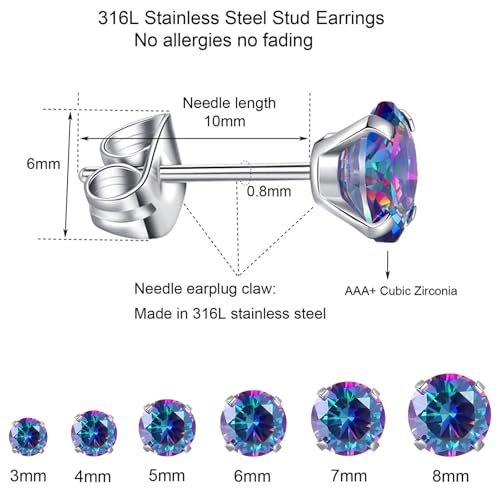 6 Pairs Stud Earrings Set, Hypoallergenic Cubic Zirconia Earrings 316L Stainless Steel CZ Earrings 3-8mm - color: A-Rainbow CZ