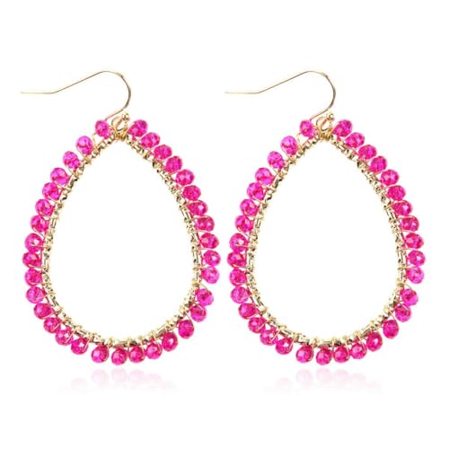 Bohemian Sparkly Crystal Beaded Dangle Earrings Teardrop Earrings for Women Fashionable & Trendy Jewelry Gift-Round Orange - color: Teardrop Pink