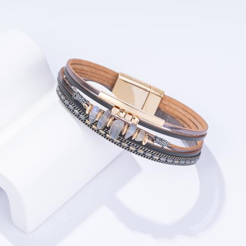 Boho Gemstone Beaded Leather Wrap Bracelets Stackable Chunky Cuff Bracelet Western Jewelry Cowboy Chic Country Concert Outfits for Women - color: Grey
