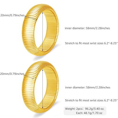 Gold Chunky Stretch Snake Chain Bangle Bracelets Stack for Women Trendy, 18K Gold Filled Stainless Steel Stretchy Womens Stackable Wristband Bangles Bracelet Set - style: 20MM 2PCS