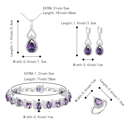 Wedding Jewelry Set for Women Bride Bridesmaid | Gorgeous Cubic Zirconia Teardrop Necklace Earrings Bracelet Adjustable Ring Jewelry Gift for Birthday/Anniversary - color: 08-Purple Silver-Tone
