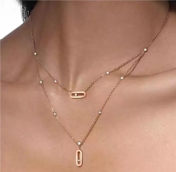 Diamond necklace for women, simple geometric single diamond double-layer, fashionable autumn and winter sweater chain, versatile clavicle - color: rose gold