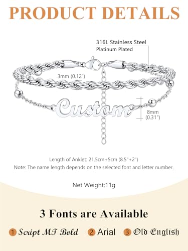 Custom4U Custom Name Anklet Bracelets for Women Waterproof Beaded/Figaro/Cuban/Rope/Wheat Chain Anklet Stackable Gold Plated Non Tarnish Custom Beach Gift Barefoot Summer Jewelry for Her - color: E02-Silver Rope Chain