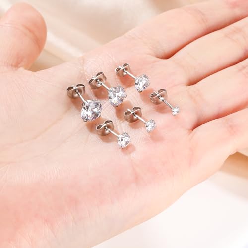 6 Pairs Stud Earrings for Women, 14K Gold Plated Hypoallergenic 316L Surgical Stainless Steel Earrings Studs Sets Cubic Zirconia Cartilage Earrings - color: Silver- 6 Pairs- 2 3 4 5 6 7mm