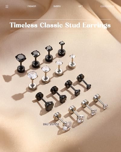 ORAZIO 6Pairs Hypoallergenic Flat Back Earrings 316L Stainless Steel Studs for Sensitive Ears, 3-8mm Cubic Zirconia, Stylish Jewelry for Women Men - Silver - color: Silver/Black Plating