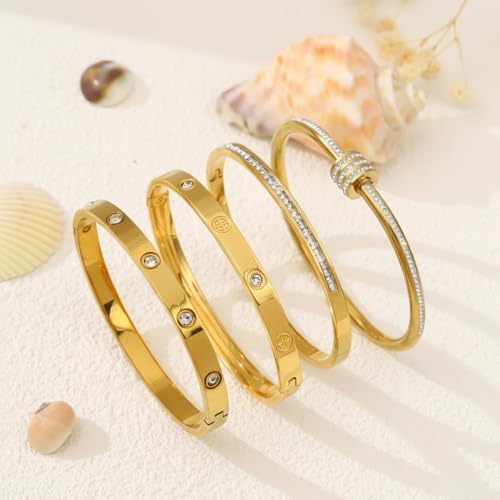 Gold Bangles for Women, 4 Pcs 18K Gold Plated Stainless Steel Stackable Bangle Bracelets, Non Tarnish CZ Bangles Set, Trendy Jewelry Gifts for Women - color: Gold