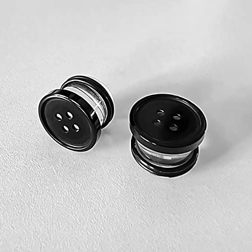 2Pcs Acrylic Plug Gauges for Ears Women Men Black White Button Plug Earrings, Single Flared Saddle Stretching Gauge Tunnels Expanders, Four Hole Button Piercing Plugs with Rubber O-Rings 8G to 1 Inch